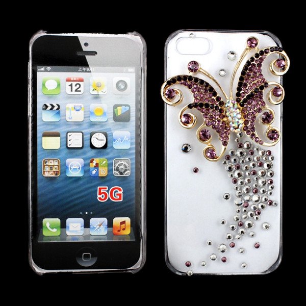 Wholesale iPhone 5S 5 3D Clear Crystal Diamond Case (Purple Butterfly)